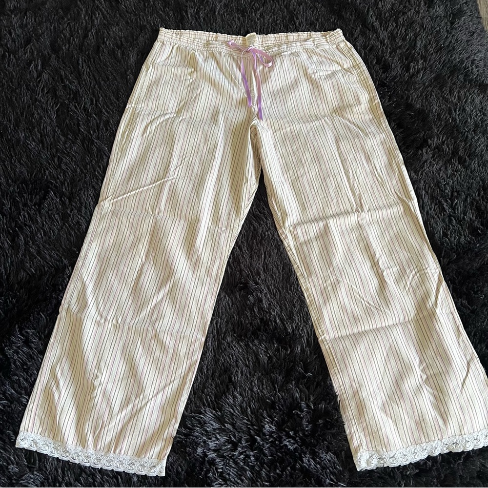 Calvin Klein 100% Cotton Striped Cream Pajama Pants with Lace Trim